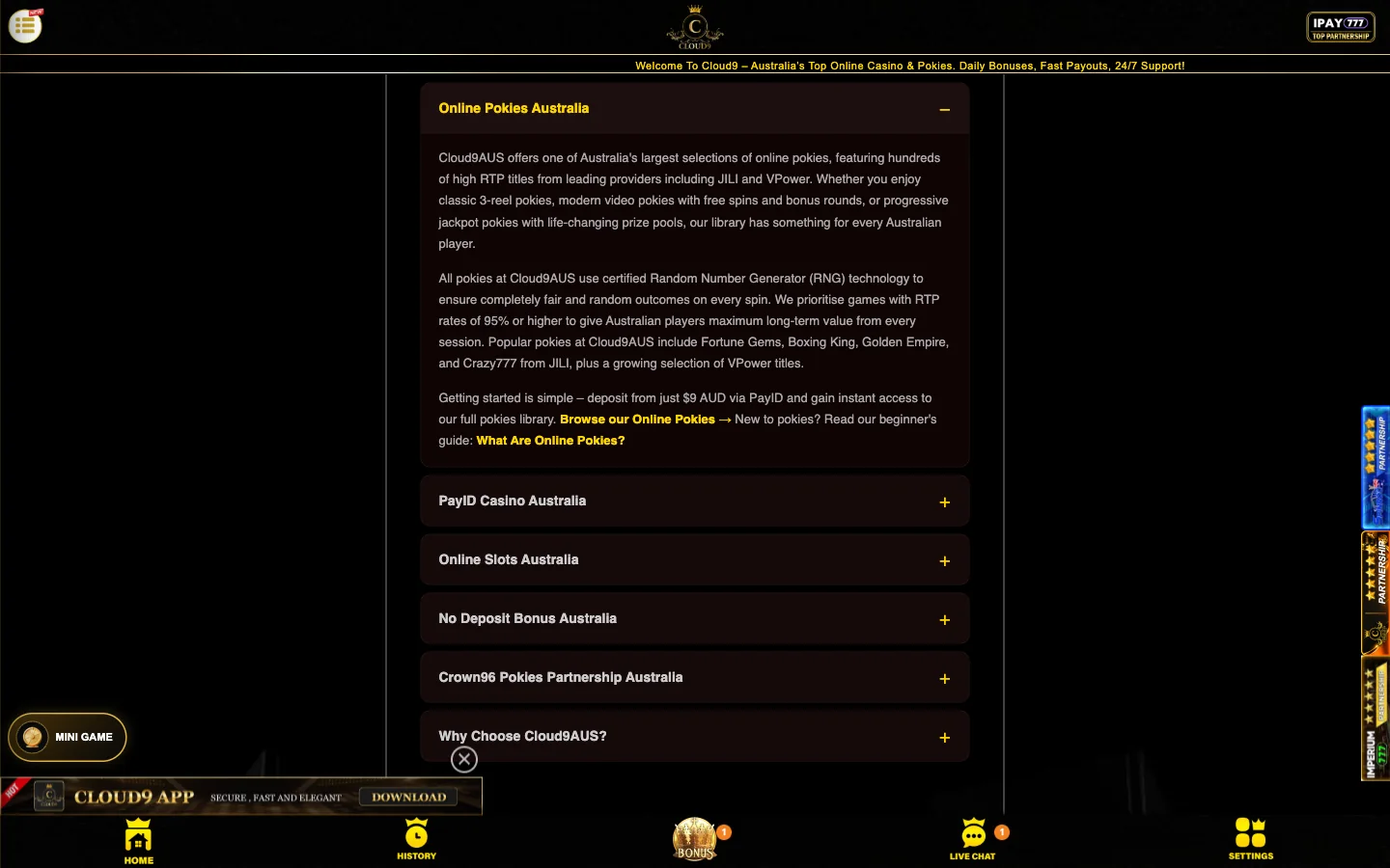 The Online Pokies Australia strip on Cloud9's front page, captured in an Australian browser session
